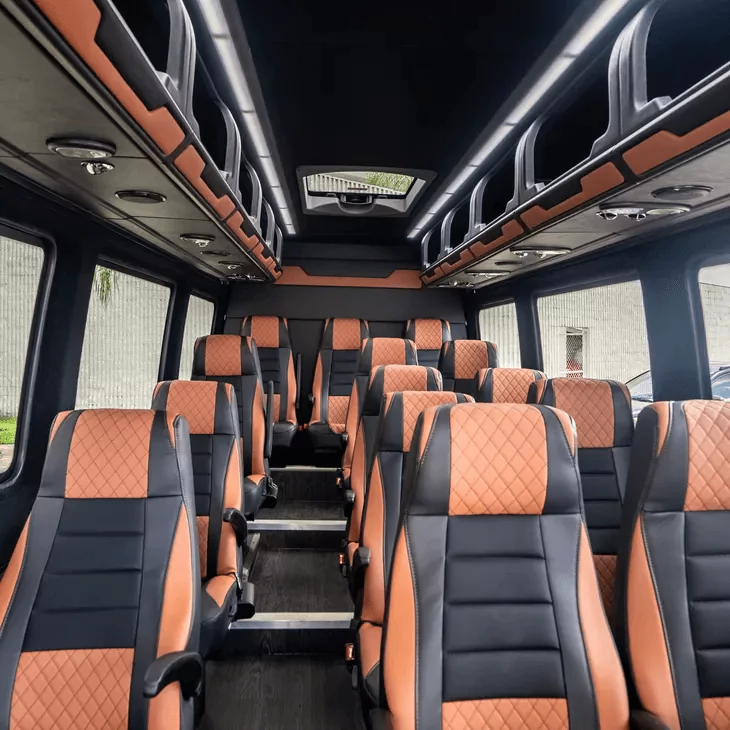 Luxury mini-bus interior with leather seats