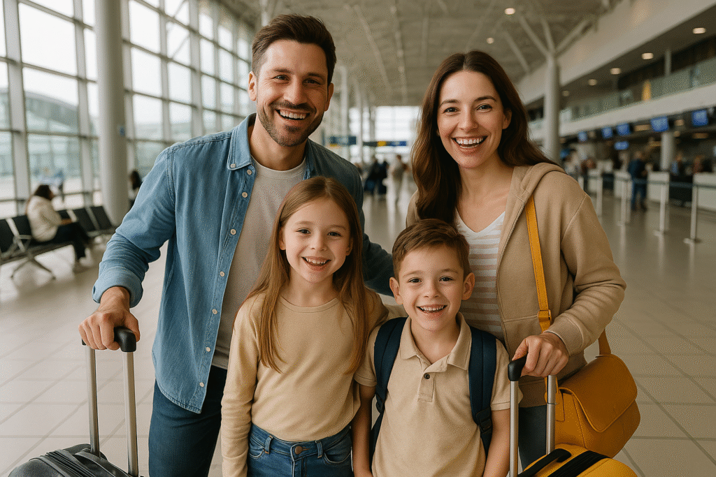 Family of four in an airport terminal, waiting for their shuttle service