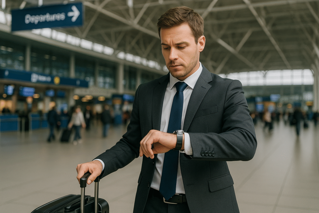 Businessman in a suit at the airport looking at his watch